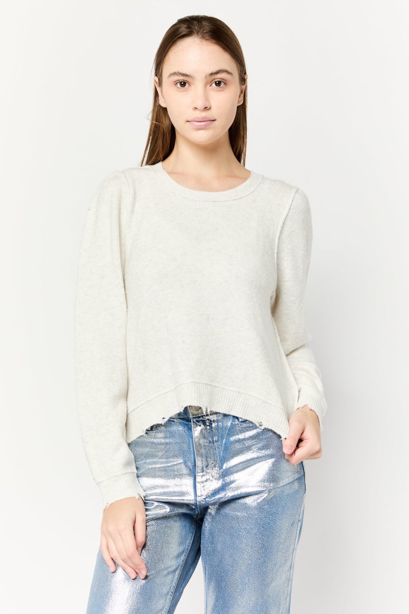 Aerie Women Crew Neck Textured Sweaters, Light Grey - Image 1