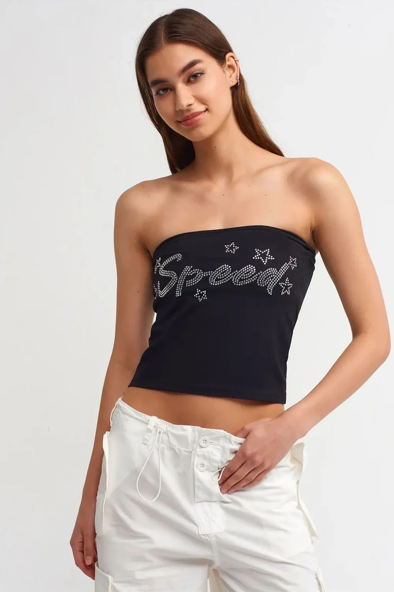 DILVIN Strapless Slim-fit Crop Top With Stone Detail