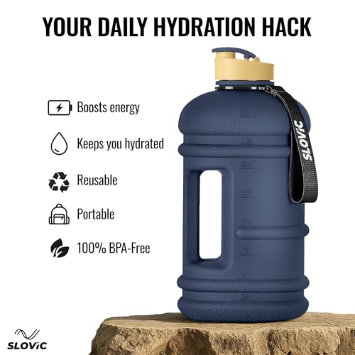 SLOVIC Gallon Water Bottle 2 + Litre | Gym Motivational Sipper Water Bottle for Adults | 100% BPA Free & Leakproof | 2 Litre Sipper for Men & Women with Ergonomic Handle | Dark Blue | 2200 ML - Image 2