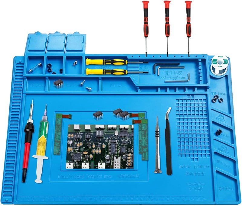 Excefore Silicone Magnetic Soldering Mat 17.7" X 11.8" - Heat Resistant 932°F, Anti-Static Large Work Mat For Electronics Repair, Compatible With Soldering Iron, Phone, Laptop, Watch - Blue - Image 1