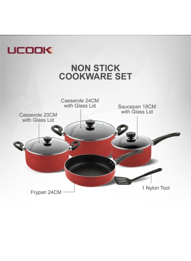 UCOOK طقم أوكوك 8 قطع من أدوات الطهي غير اللاصقة DK0420 – هيكل ألمنيوم متين، مقابض باردة الملمس، متوافق مع الغاز والطهي بالحث – مقلاة، كادهاي، توا مع أغطية زجاجية - Image 1