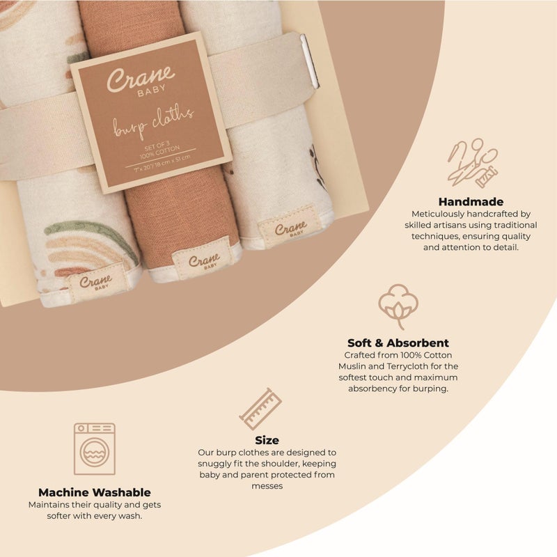 Crane Baby Muslin Baby Burp Cloths, Lightweight Absorbent Burp Cloth, Rainbow/Butterfly, Set of 3, 7â€ x 20â€, Newborn Baby Essentials, Burp Cloths Baby Boy, Burp Cloths Baby Girl, Newborn Essentials - Image 2