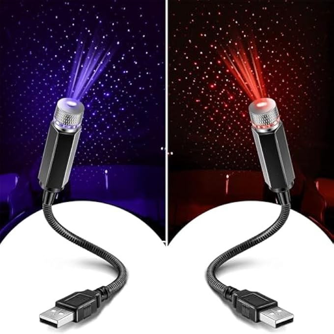 بوليفياز مجموعة من 2 مصباح سقف سيارة LED داخلي محمول بمنفذ USB على شكل نجمة، مصابيح سقف سيارة داخلية رومانسية قابلة للتعديل، مصباح سقف LED ليلي، ديكورات جو للسيارة، سقف غرفة النوم - Image 1