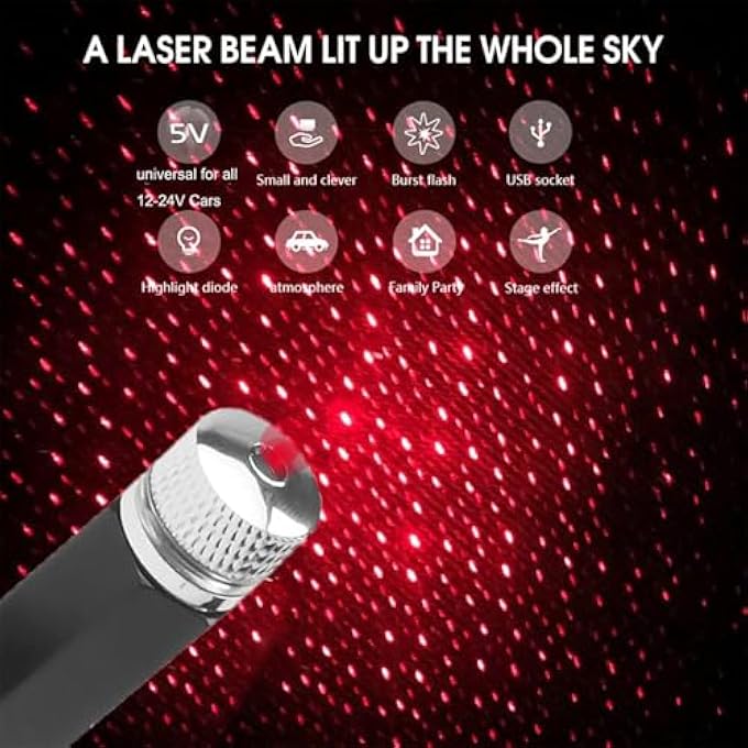 بوليفياز مجموعة من 2 مصباح سقف سيارة LED داخلي محمول بمنفذ USB على شكل نجمة، مصابيح سقف سيارة داخلية رومانسية قابلة للتعديل، مصباح سقف LED ليلي، ديكورات جو للسيارة، سقف غرفة النوم - Image 2