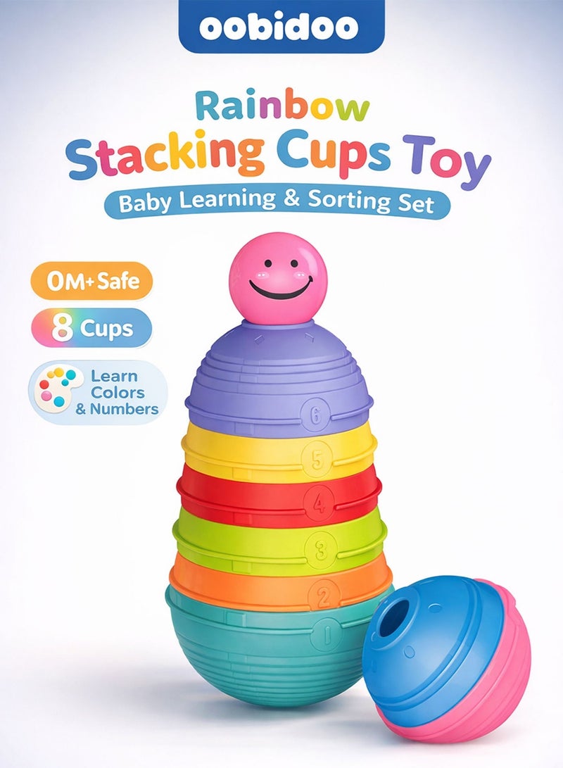 Oobidoo Rainbow Stacking Cups Toy for Babies 0M+ – 8 PCS Colorful Nesting & Sorting Cups with Numbers, Baby Learning Toy for Colors, Counting & Size Recognition, Stack Nest Roll Educational Montessori Toy for Toddlers & Infants - Image 3