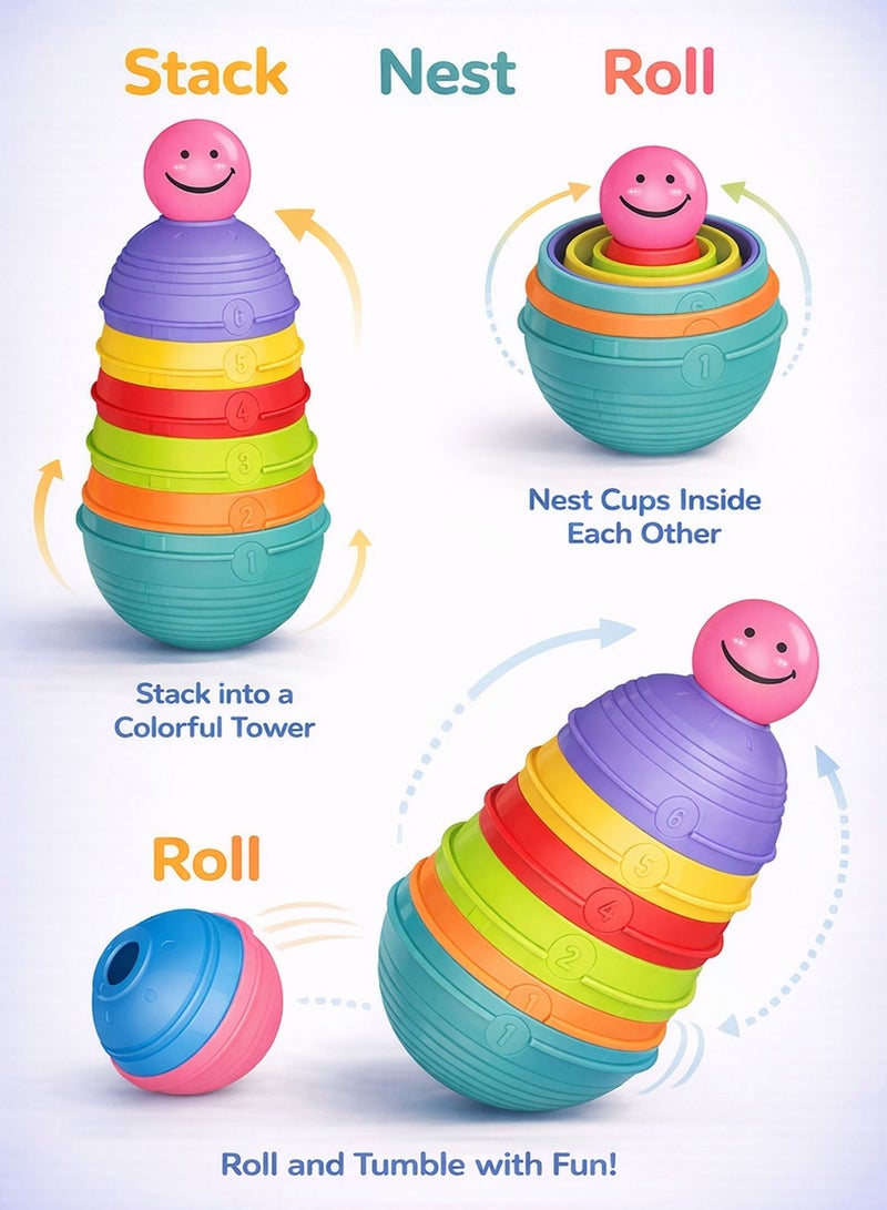 Oobidoo Rainbow Stacking Cups Toy for Babies 0M+ – 8 PCS Colorful Nesting & Sorting Cups with Numbers, Baby Learning Toy for Colors, Counting & Size Recognition, Stack Nest Roll Educational Montessori Toy for Toddlers & Infants - Image 5