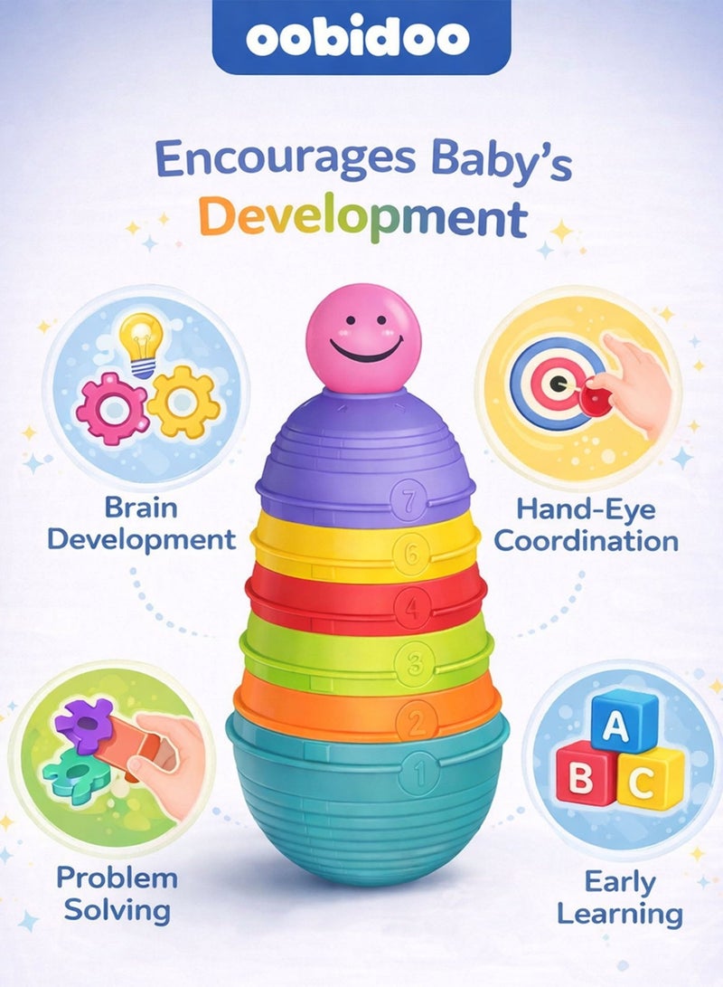 Oobidoo Rainbow Stacking Cups Toy for Babies 0M+ – 8 PCS Colorful Nesting & Sorting Cups with Numbers, Baby Learning Toy for Colors, Counting & Size Recognition, Stack Nest Roll Educational Montessori Toy for Toddlers & Infants - Image 1