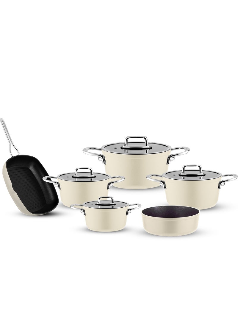 lines Turkish Tefal Granite Cookware Set by Lines – 10-Piece Set – Pyrex Lid – Suitable for all stovetops – Made in Turkey. Turkish Granite Cookware Set by Lines – 10-Piece Set – Sizes 18/20/24/28 cm + 28 cm Grill Pan + 28 cm Oven Tray + Pyrex Lid – 6 Colors ( Cream ) - Image 1