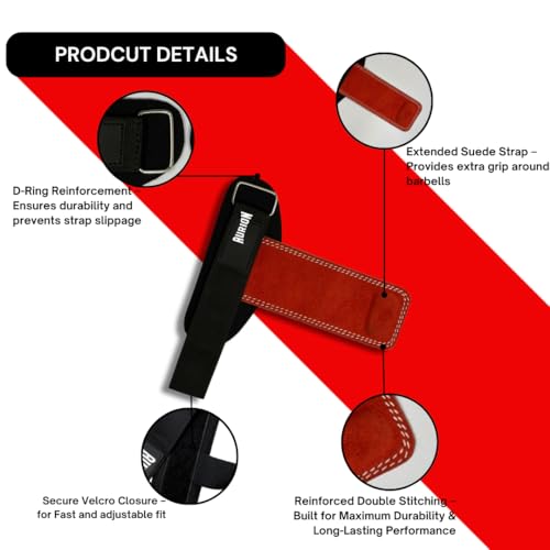 Aurion Premium Suede Leather Lifting Straps | Padded Wrist Support for Weightlifting & Bodybuilding | Non-Slip 19" Deadlift Straps for Gym Workout | Adjustable Wraps for Men & Women (Red) - Image 3