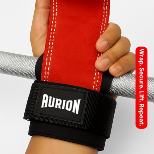 Aurion Premium Suede Leather Lifting Straps | Padded Wrist Support for Weightlifting & Bodybuilding | Non-Slip 19" Deadlift Straps for Gym Workout | Adjustable Wraps for Men & Women (Red) - Image 5