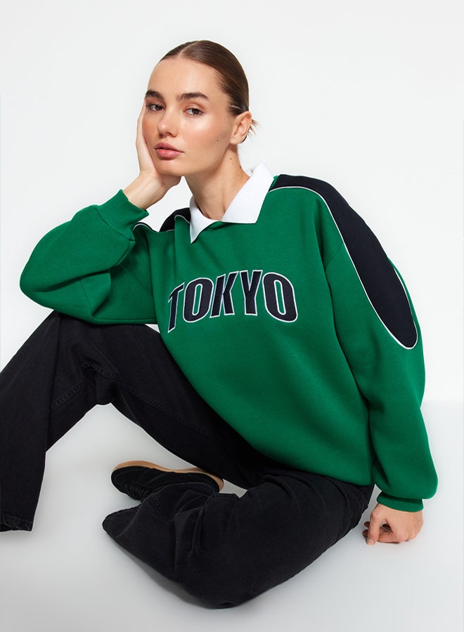 trendyol Green Thick Inner Fleece Color Block Polo Collar Regular/Normal Fit Knitted Sweatshirt TWOAW24SW00224 - Image 1