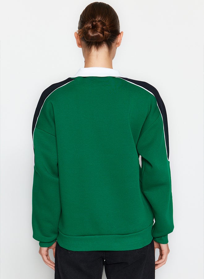 trendyol Green Thick Inner Fleece Color Block Polo Collar Regular/Normal Fit Knitted Sweatshirt TWOAW24SW00224 - Image 5
