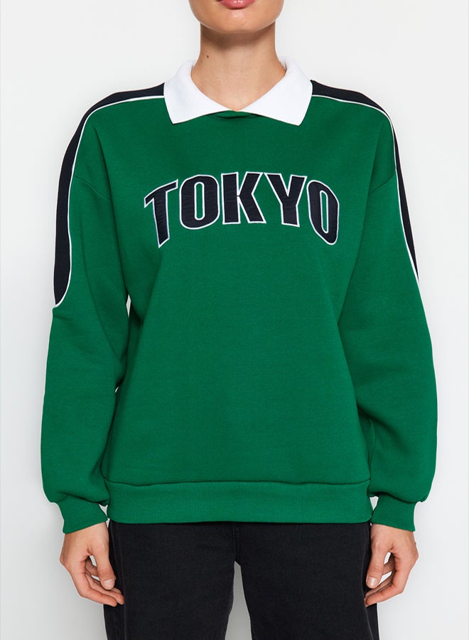trendyol Green Thick Inner Fleece Color Block Polo Collar Regular/Normal Fit Knitted Sweatshirt TWOAW24SW00224 - Image 4
