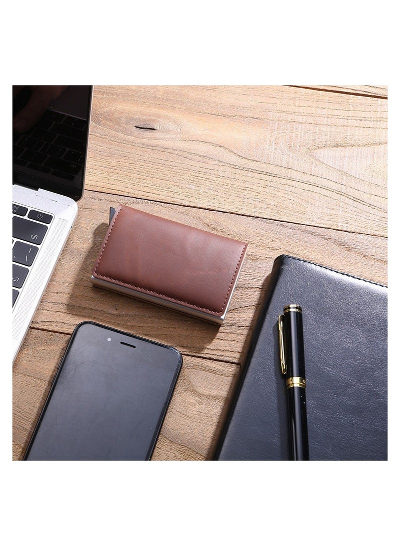 Slim RFID Blocking Wallet Vintage Cowhide Leather Business Card Holder Automatic Pop-up for Travel Security Brown - Image 3