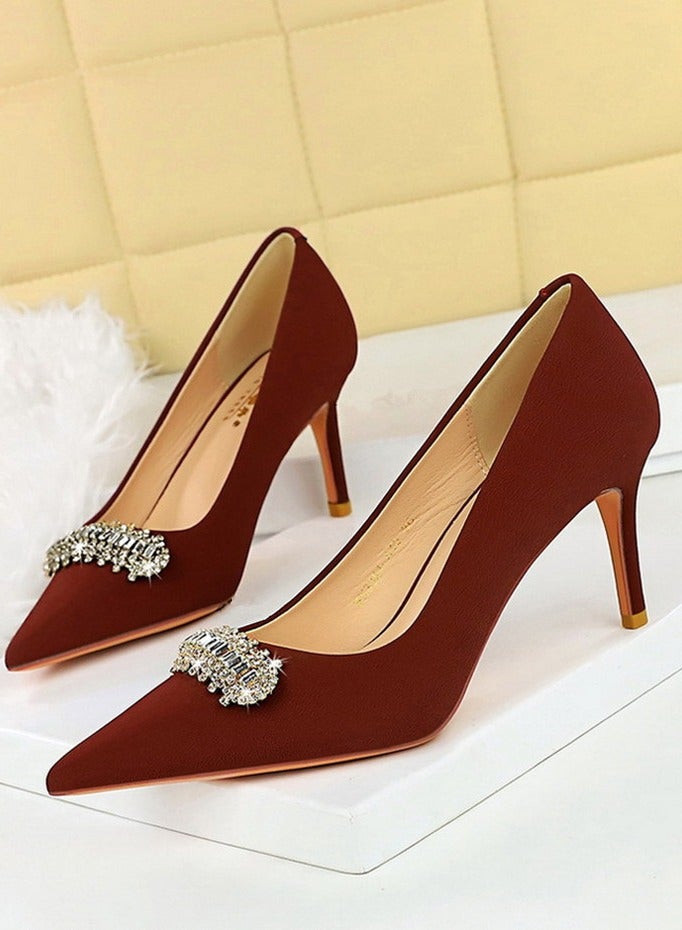 BIGTREE Women's Closed Pointed Toe High Heels Rhinestone Decoration Stiletto Pumps Wine Red 7CM - Image 1