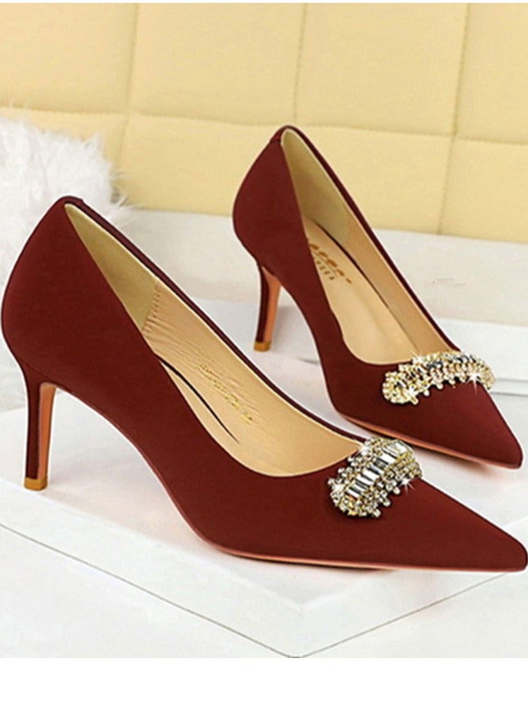 BIGTREE Women's Closed Pointed Toe High Heels Rhinestone Decoration Stiletto Pumps Wine Red 7CM - Image 2
