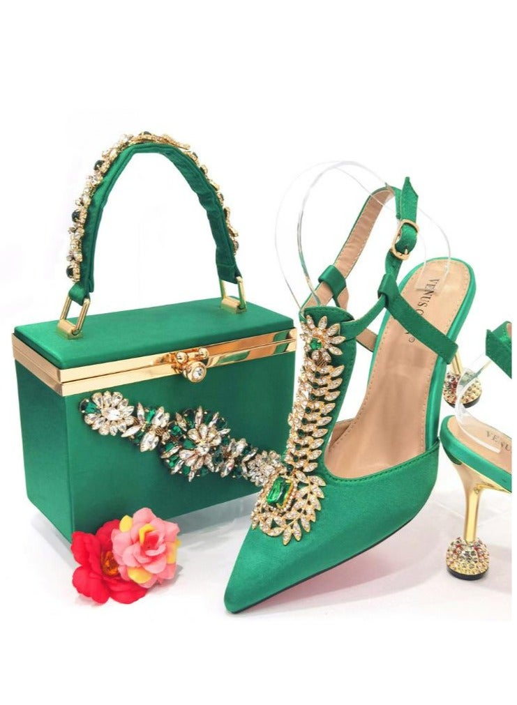 Fine Heeled Pointed Rhinestone High-Heeled Sandals 9cm+Square Rhinestone Handbag  - Image 1