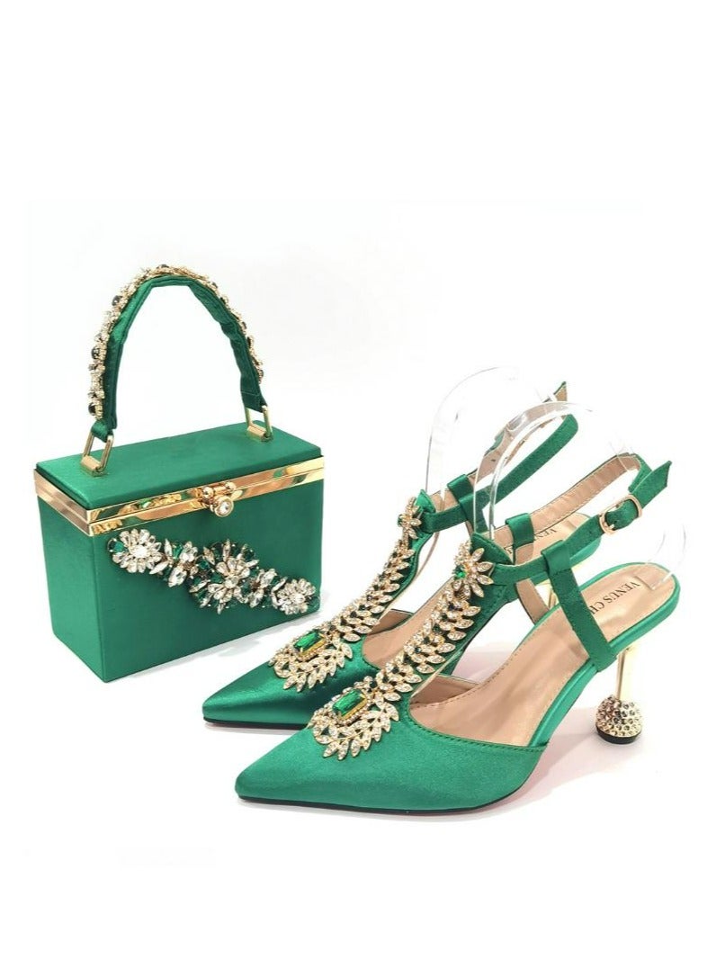 Fine Heeled Pointed Rhinestone High-Heeled Sandals 9cm+Square Rhinestone Handbag  - Image 2