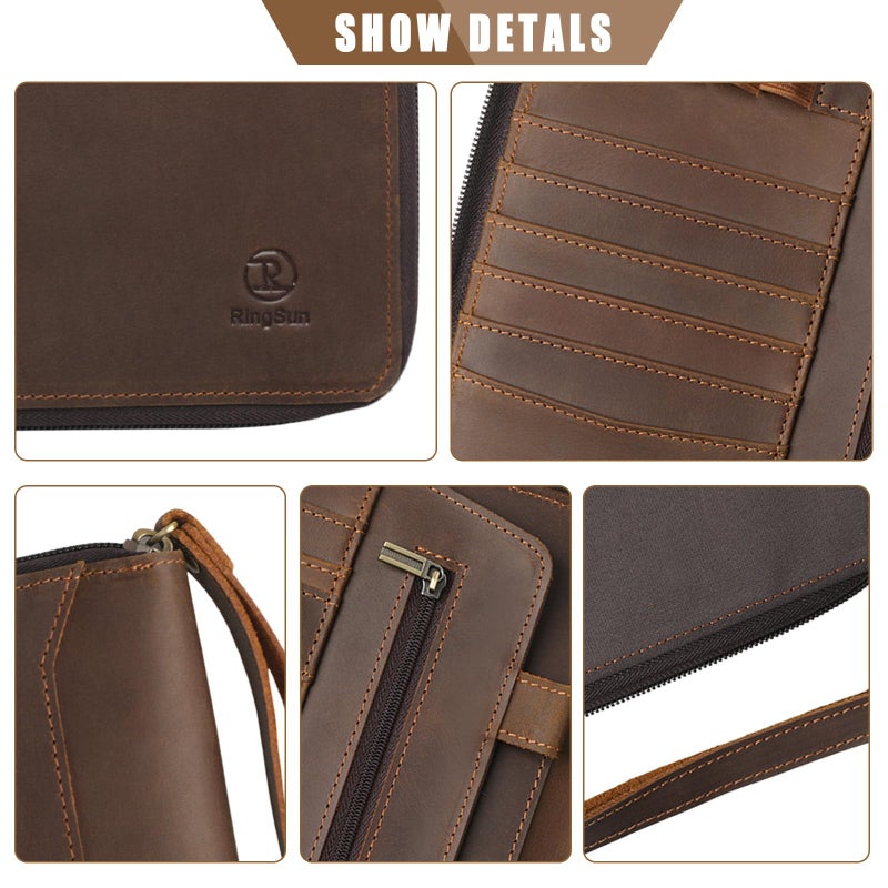 Ringsun Genuine Leather Portfolio with Zipper, Padfolio Portfolio Organizer Folder for Men Women, Professional Business Card Holder for A5 Letter Size Notepad, Resume, Writing Pad, Pen Loop - Image 5