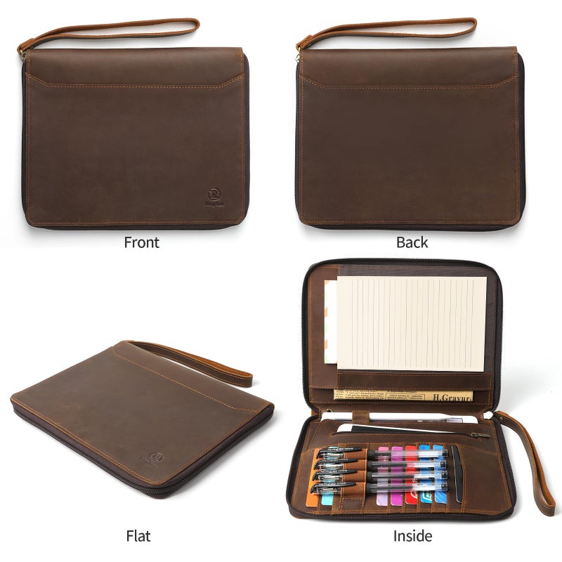 Ringsun Genuine Leather Portfolio with Zipper, Padfolio Portfolio Organizer Folder for Men Women, Professional Business Card Holder for A5 Letter Size Notepad, Resume, Writing Pad, Pen Loop - Image 3