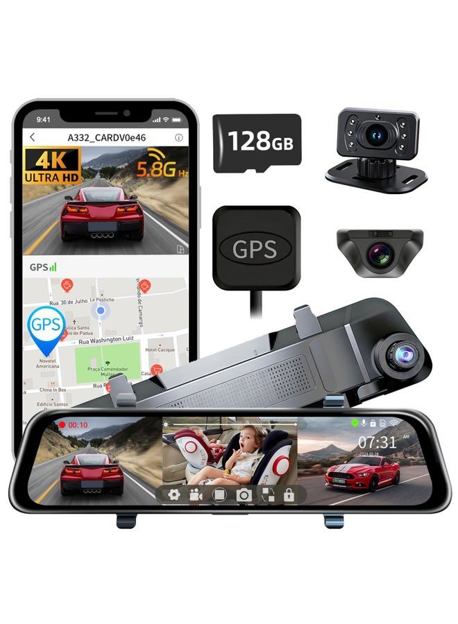 pahaa L09 Mirror Dash Cam with STARVIS 2 Sensor, Rear View Mirror Camera 5.0GHz WiFi, 4K Front 2.5K Rear and1080P Inside Backup Camera for Car, GPS, WDR&HDR Night Vision, 12" IPS Screen, with 128G SD Card - Image 1