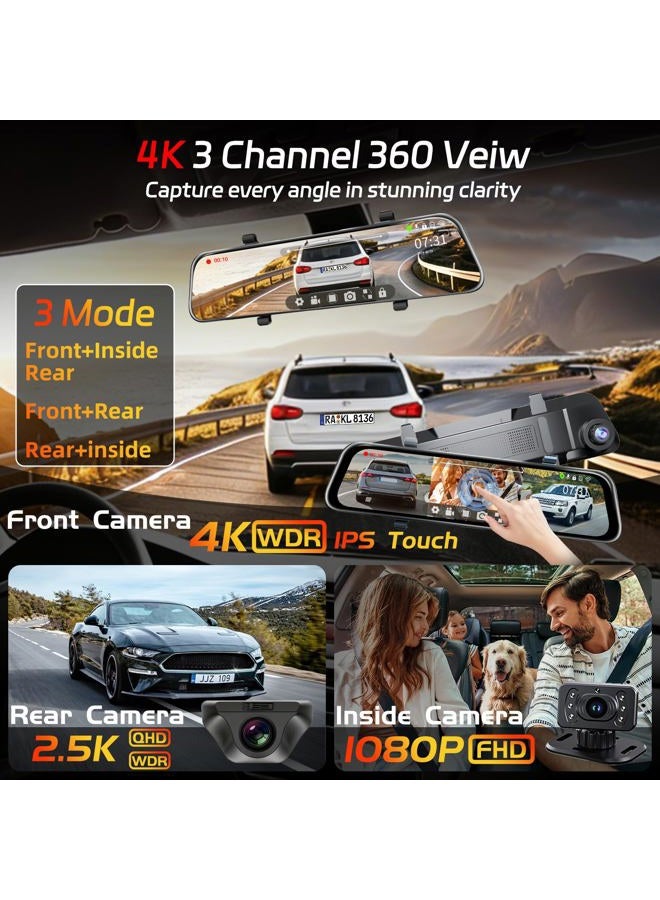 pahaa L09 Mirror Dash Cam with STARVIS 2 Sensor, Rear View Mirror Camera 5.0GHz WiFi, 4K Front 2.5K Rear and1080P Inside Backup Camera for Car, GPS, WDR&HDR Night Vision, 12" IPS Screen, with 128G SD Card - Image 3