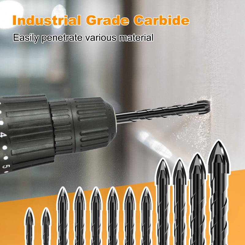 TITGGI 12PCS Masonry Drill Bit Set - Professional Concrete Drill Bits for Glass/Brick/Cement/Tile/Etc, Industrial Strength Carbide Cross Drill Bit Tips, 3/16"-1/2" by TITGGI - Image 2
