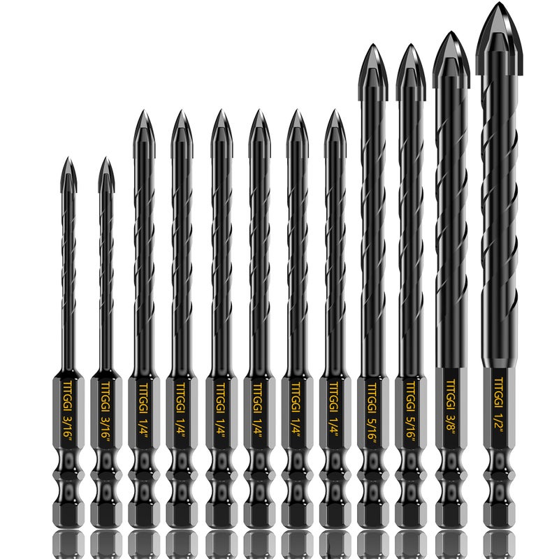 TITGGI 12PCS Masonry Drill Bit Set - Professional Concrete Drill Bits for Glass/Brick/Cement/Tile/Etc, Industrial Strength Carbide Cross Drill Bit Tips, 3/16"-1/2" by TITGGI - Image 1