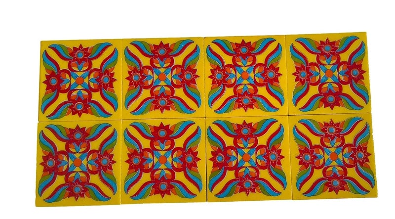 Shiv Kripa Blue Pottery Home Decor Handmade Tabletop Interior Exterior Flooring Wall Kitchen Washroom Tile Floral Decorative Mosaic Wall Tiles 3 x 3 Inch Set of 8 Tiles Yellow Color