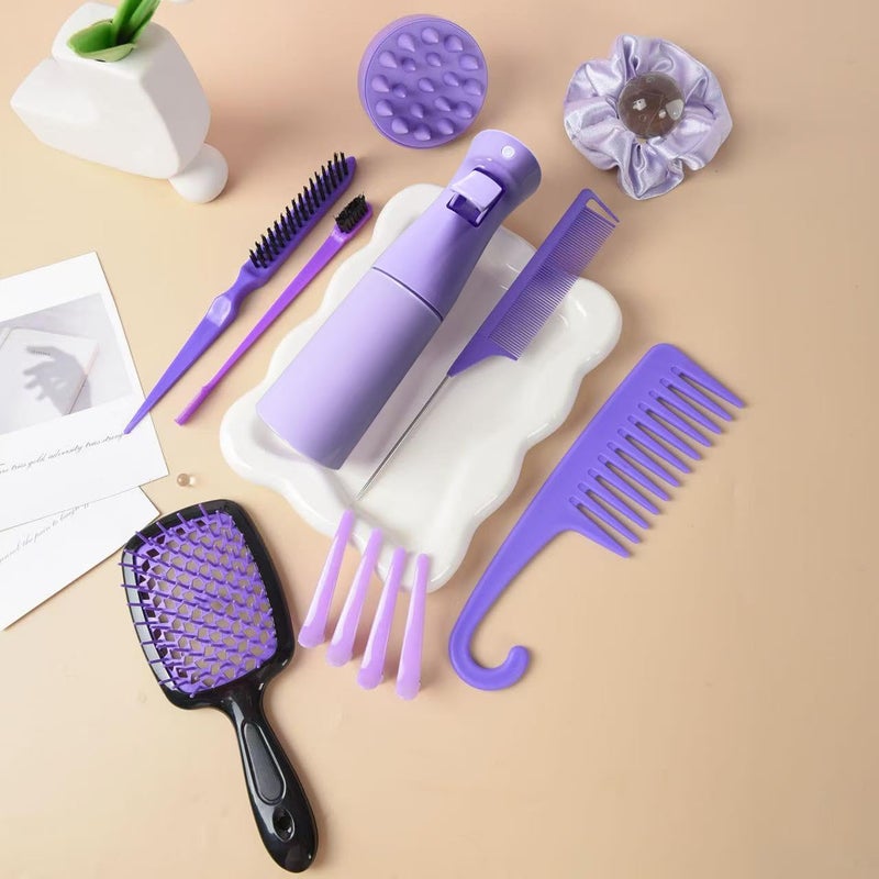 SUPHOUSE 12 Pcs Hair Brush Set with Continuous Hair Spray Bottle for Women, Rat Tail Combs for Toddlers, Soft Scalp Massager, Detangling Hairbrush for Wet Dry Curly Hair (purple) - Image 4