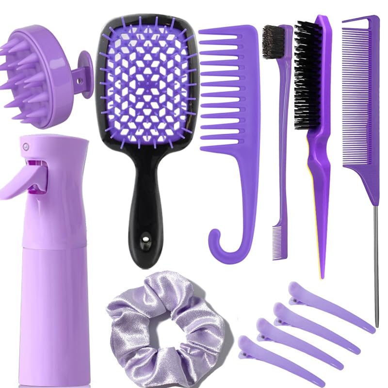 SUPHOUSE 12 Pcs Hair Brush Set with Continuous Hair Spray Bottle for Women, Rat Tail Combs for Toddlers, Soft Scalp Massager, Detangling Hairbrush for Wet Dry Curly Hair (purple) - Image 1