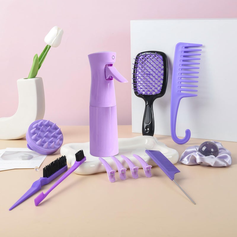 SUPHOUSE 12 Pcs Hair Brush Set with Continuous Hair Spray Bottle for Women, Rat Tail Combs for Toddlers, Soft Scalp Massager, Detangling Hairbrush for Wet Dry Curly Hair (purple) - Image 2