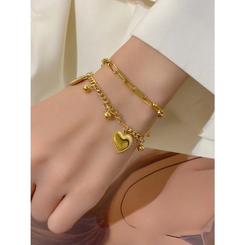1pc Fashion European Style Double-Layer Heart Pendant Chain Bracelet For Women Valentines - Image 4
