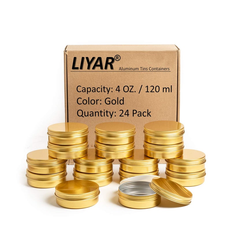 Liyar TMO 4 oz Tin Cans Screw Top Containers Aluminum Round Steel Tin Cans Travel Tins Storage Jar Food Tins Containers Metal Tins with Lids,Gold(24 Pack) - Image 1