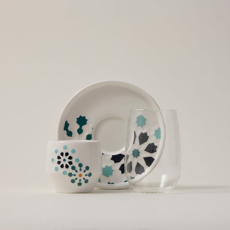 دلتي طقم أكواب شاي وفناجين قهوة سعودية زجاج وبورسلان أبيض 18 قطعة - Image 1