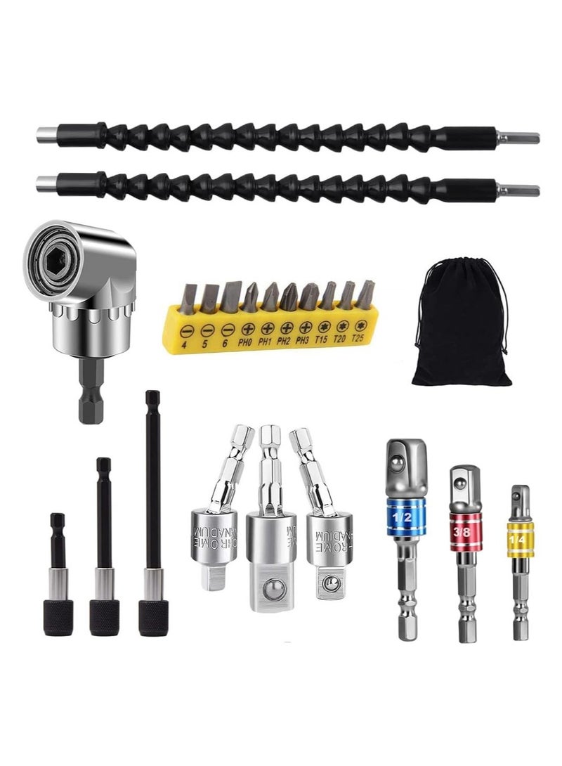 Flexible Drill Bit Extension Set, 105° Right Angle Drill Attachment, 1/4 3/8 1/2In Hex Shank Impact Driver Socket Adapter Rotatable Socket, Bendable Drill Bit Extension Screwdriver Bit - Image 1