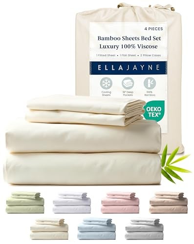 Ella Jayne Viscose Derived from Bamboo Sheets King Size Set 4 Pieces King Size Ultra Soft  Luxuriously Cooling EcoFriendly King Size Sheets Set Deep Pockets 16 Inch Ivory
