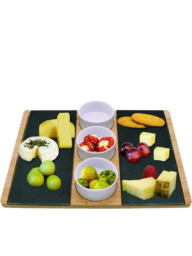 Cuisine Art Bamboo and Slate Serving Plate and 3 White Ceramic Bowls - Image 2