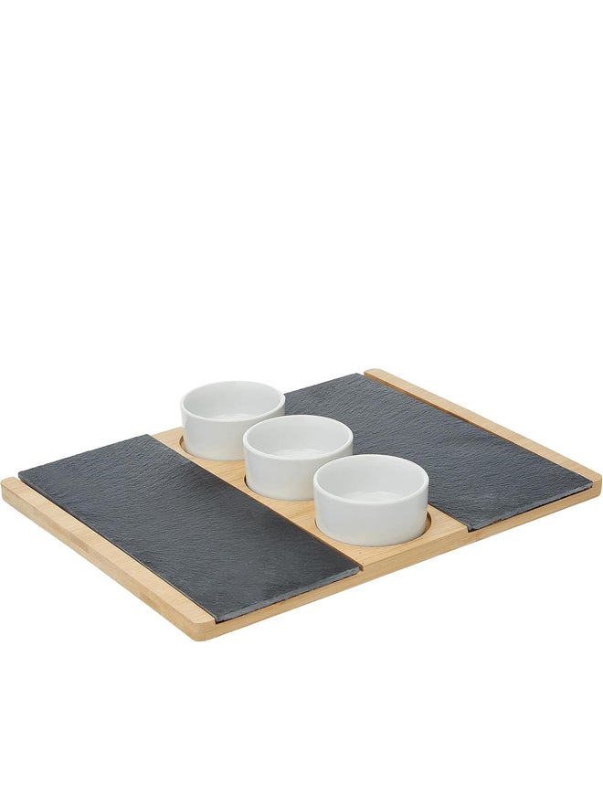 Cuisine Art Bamboo and Slate Serving Plate and 3 White Ceramic Bowls - Image 1