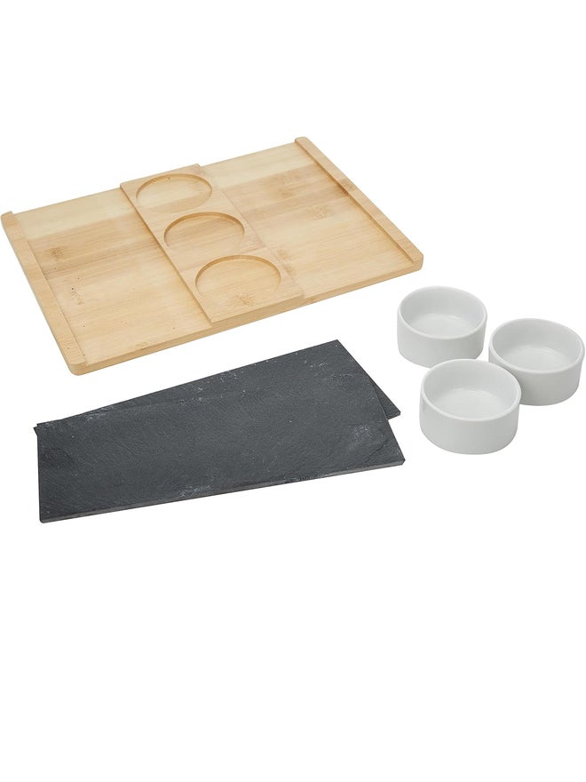 Cuisine Art Bamboo and Slate Serving Plate and 3 White Ceramic Bowls - Image 3