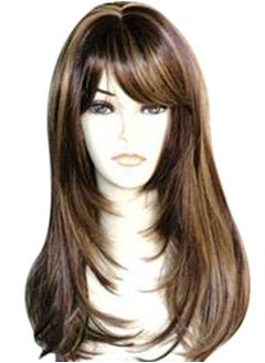 Kalyss Brown with Highlights Yaki Synthetic Women's Wig With Hair Bangs Centre Parting Long Straight Layered Heat Resistant Synthetic Hair Wig for Women (brown with highlights color)  - Image 1