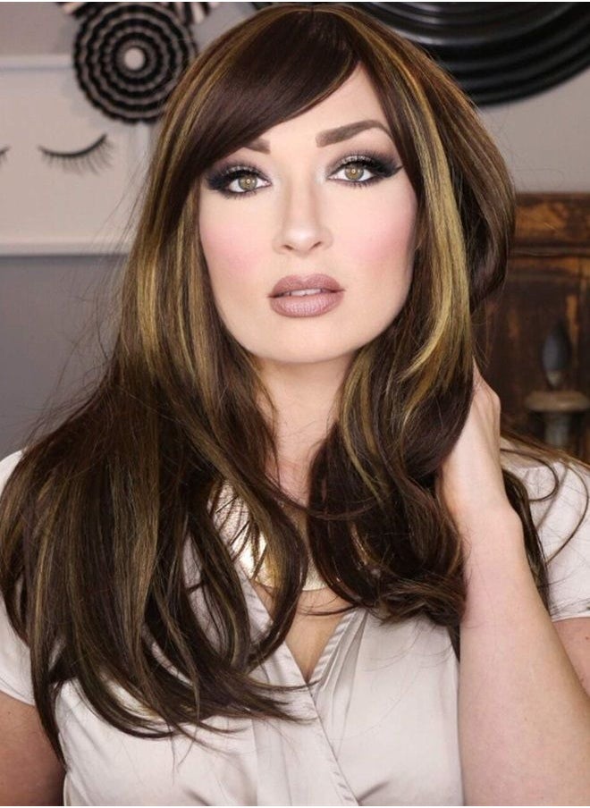 Kalyss Brown with Highlights Yaki Synthetic Women's Wig With Hair Bangs Centre Parting Long Straight Layered Heat Resistant Synthetic Hair Wig for Women (brown with highlights color)  - Image 2