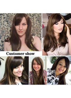 Kalyss Brown with Highlights Yaki Synthetic Women's Wig With Hair Bangs Centre Parting Long Straight Layered Heat Resistant Synthetic Hair Wig for Women (brown with highlights color)  - Image 5