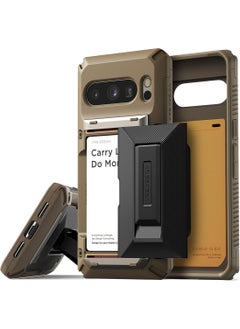 VRS Design حافظة Damda Glide Hybrid لهاتف Google Pixel 8 PRO [شبه أوتوماتيكية] مع فتحة حامل بطاقات ائتمان منزلقة [3-4 بطاقات] وحامل - لون كاكي  - Image 1