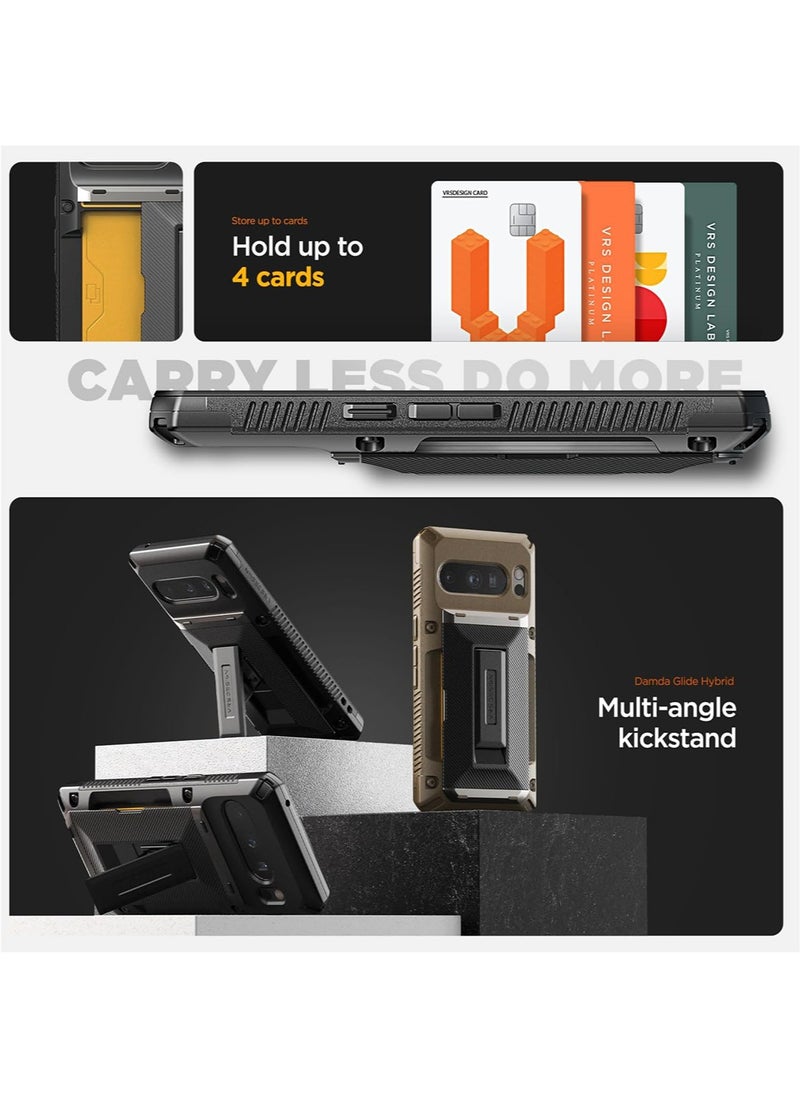VRS Design Damda Glide Hybrid for Google Pixel 8 PRO Case Cover Wallet [Semi Automatic] Slider Credit Card Holder Slot [3-4 Cards] & Kickstand - Khaki Groove  - Image 3