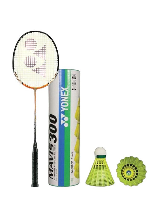 Yonex Muscle Power 2 Orange Strung Badminton Racquet + Mavis 300 Green Cap Slow Badminton Shuttlecock 6 Pack, Yellow Pack  - Image 1