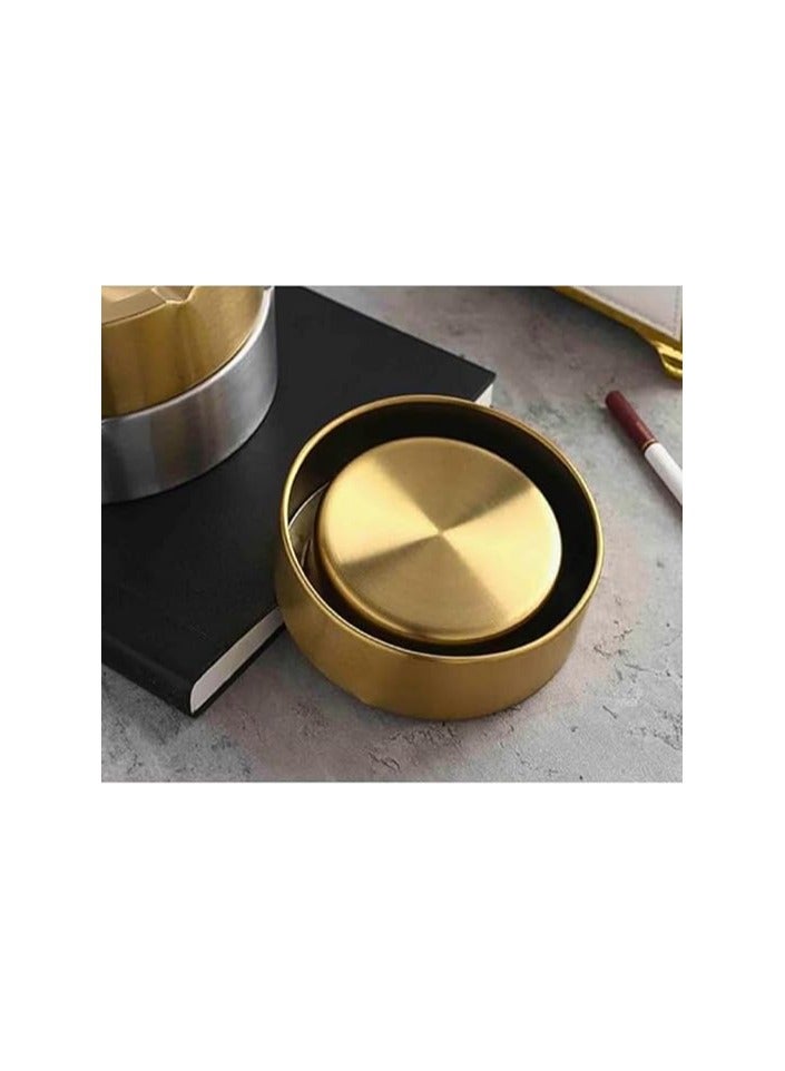 منفضة معدنية دائرية فاخرة من الستانلس ستيل للسيجار - صينية رماد محمولة للمنزل والمكتب والفناء وسطح الطاولة - ديكور خارجي فاخر متين للفندق والمطعم (ذهبي) - Image 3