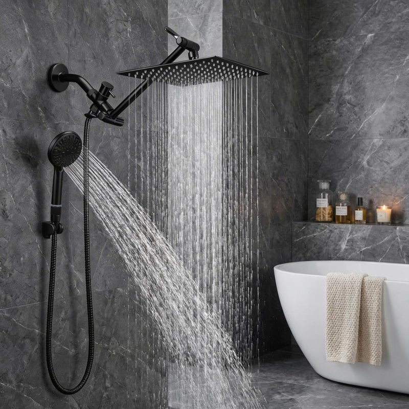 Tudoccy Shower Head 10â€˜â€™ High Pressure Rainfall Shower Head/Handheld Shower Combo with 11'' Extension Arm, 9 Settings Anti-leak Head with Holder, Height/Angle Adjustable, Chrome, Matte Black - Image 2