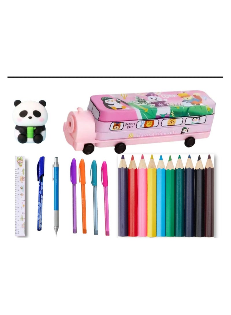21-piece school supplies set (bus pencil case with sharpener + 4 fluorescent colors + 12 wood colors + pencil + eraser and sharpener + dry pen + 15 cm ruler) - Image 1