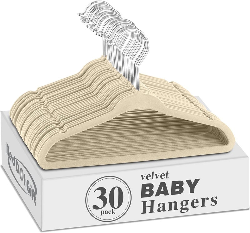 Red Dot Gift® 30 Pack Beige Baby Velvet Hangers - Non Slip Toddler Hangers with 360 Chrome Swivel Hook - Image 1